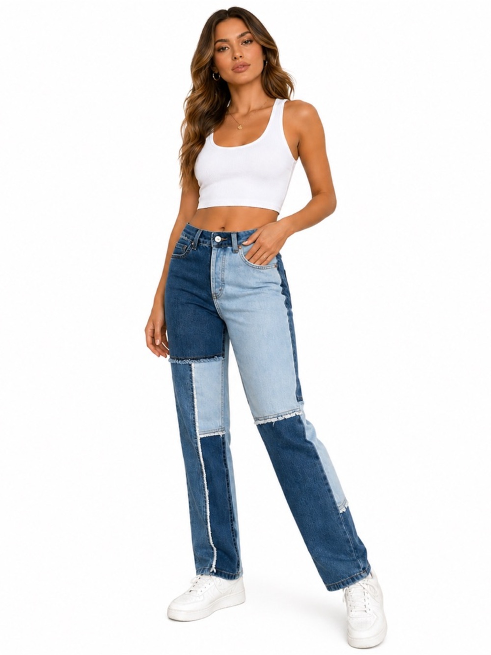 Vintage-Inspired Patchwork Denim Jeans High Rise Straight Leg Colorblock Trend - Picture 2 of 7